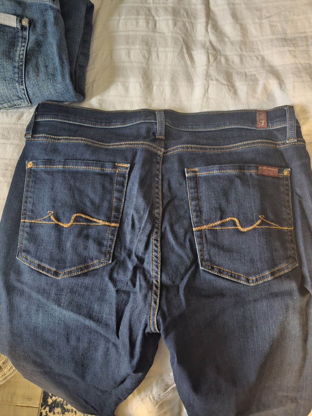 7 For All Mankind Dark Blue Denim Ankle Jeans with Gold Stitching